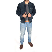 Mens Genuine Suede Bomber Jacket Roco Blue Full