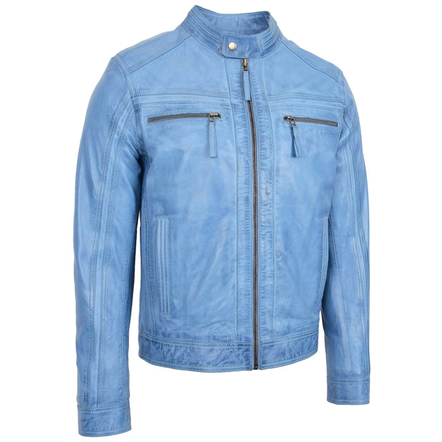 Mens Leather Biker Jacket Vintage Band Collar Fitted CALVIN Sky Blue 4