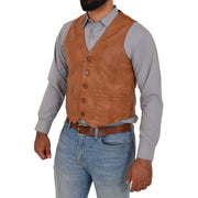 Mens Full Leather Waistcoat Gilet Traditional Smart Vest King Tan Front 2