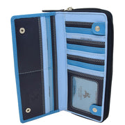 Womens Soft Leather Envelope Clutch Purse Zip Around Wallet AVB55 Blue Open 1