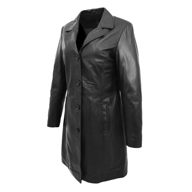 Ladies 3/4 Long Classic Fitted Soft Leather Knee Length Coat Laura Black Front Angle 2