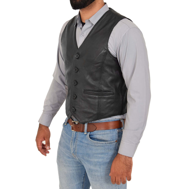 Mens Full Leather Waistcoat Gilet Traditional Smart Vest King Black Front 2