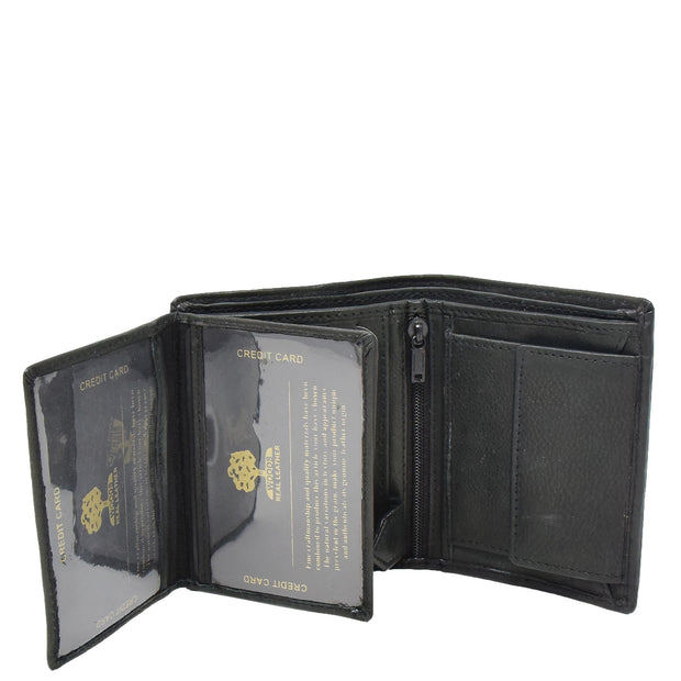 Mens Real Leather Bifold Wallet Credit Cards Coins Note Holder AV61 Black Open 2