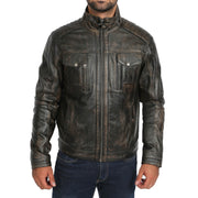 Mens Fitted Washed Biker Vintage Leather Aron Rub Off Front 2
