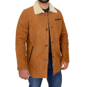 Mens Genuine Sheepskin Jacket Shearling 3/4 Long Coat Hank Cognac Open 2