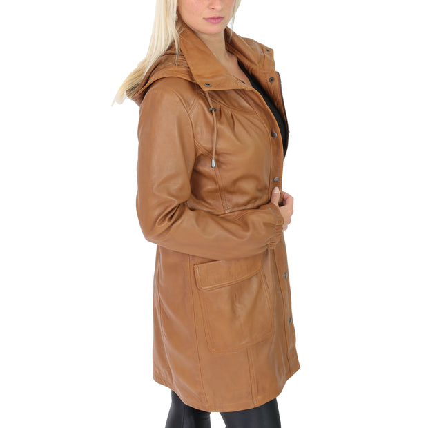 Ladies Duffle Leather Coat 3/4 Long Detachable Hood Classic Parka Jacket Liza Tan Side