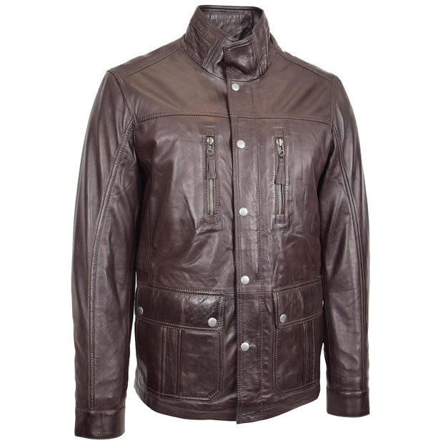 Mens Genuine Leather Parka Jacket 3/4 Long Car Coat RUSSO Brown 4