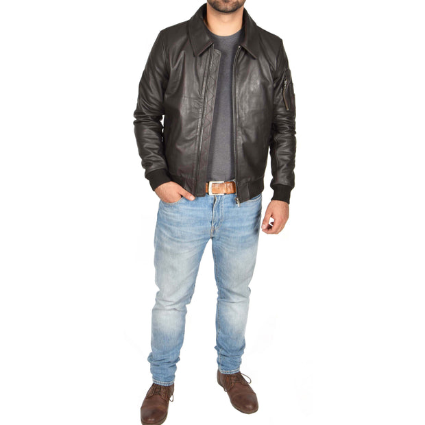 Mens Real Cowhide Bomber Leather Pilot Jacket Lance Brown Full