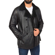 Mens Authentic Sheepskin Jacket Reefer Blazer Pea Coat Lorenzo Black Open 1