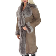 Womens Luxurious Toscana Long Coat Real Sheepskin Pamela Taupe Front 2