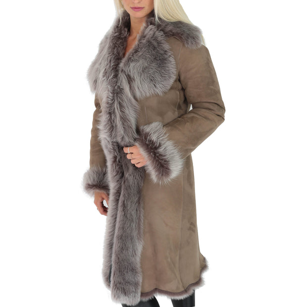 Womens Luxurious Toscana Long Coat Real Sheepskin Pamela Taupe Front 2