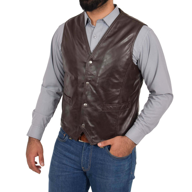 Mens Soft Leather Waistcoat Classic Gilet Bruno Brown button fasten view