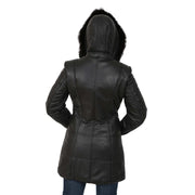 Womens Quilted 3/4 Long Parka Leather Coat with Hood Kelly Black Back 2