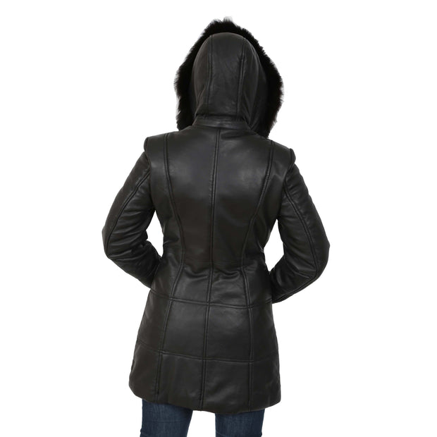 Womens Quilted 3/4 Long Parka Leather Coat with Hood Kelly Black Back 2