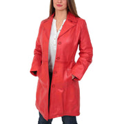 Womens 3/4 Button Fasten Leather Coat Cynthia Red Open 1