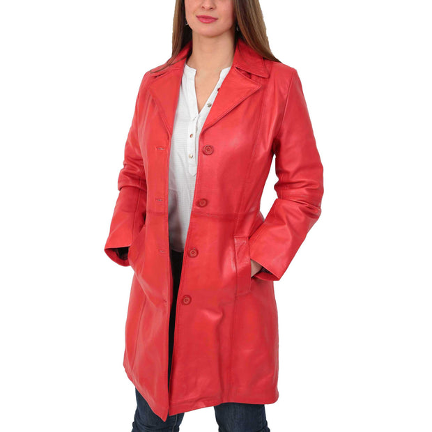 Womens 3/4 Button Fasten Leather Coat Cynthia Red Open 1