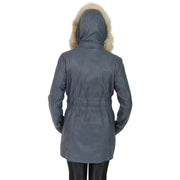 Womens Duffle Leather Coat Detachable Hood 3/4 Long Parka Jacket Mila Sky Blue Back 2