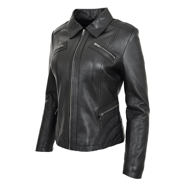 Ladies Soft Leather Jacket Fitted Collared Zip Fasten Biker Style Leah Black Front Angle 1