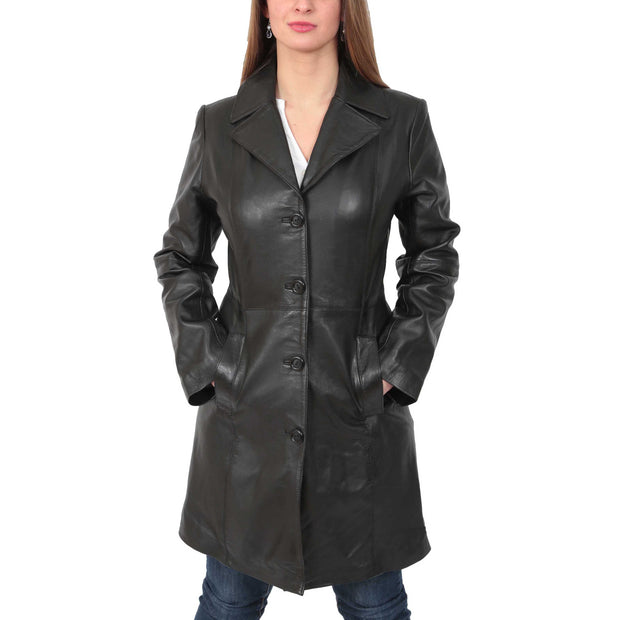 Womens 3/4 Button Fasten Leather Coat Cynthia Black button up