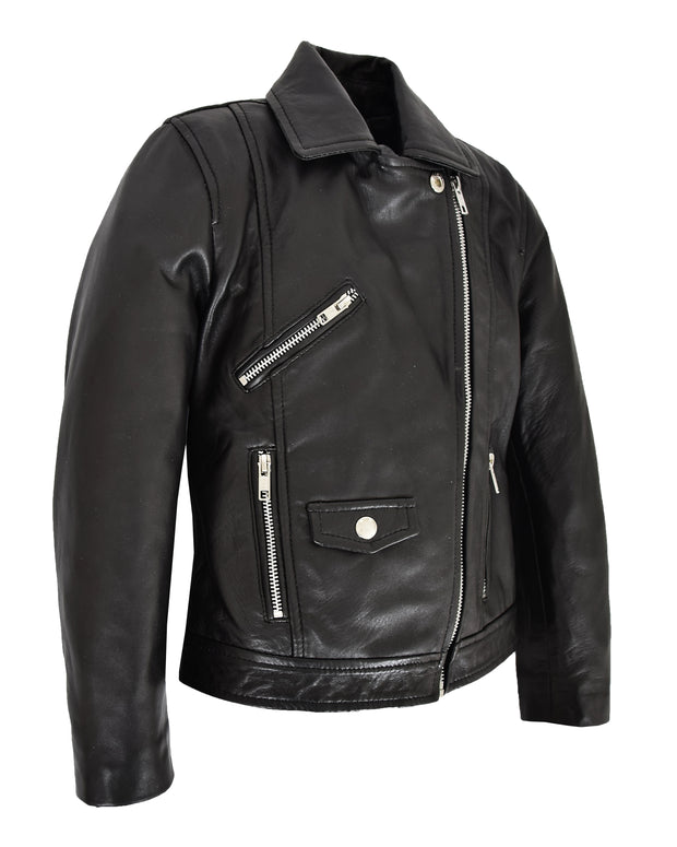 Girls Kids Black Biker Real Leather Jacket Zip Fasten Coat 2-12 Years