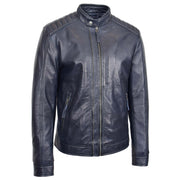 Mens Soft Real Leather Biker Style Jacket Band Collar Zip Fasten ASHER Navy 4