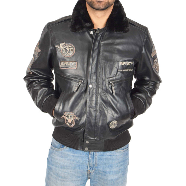 Mens Pilot Leather Jacket Air Force Badges Bomber Coat Luca Black Front