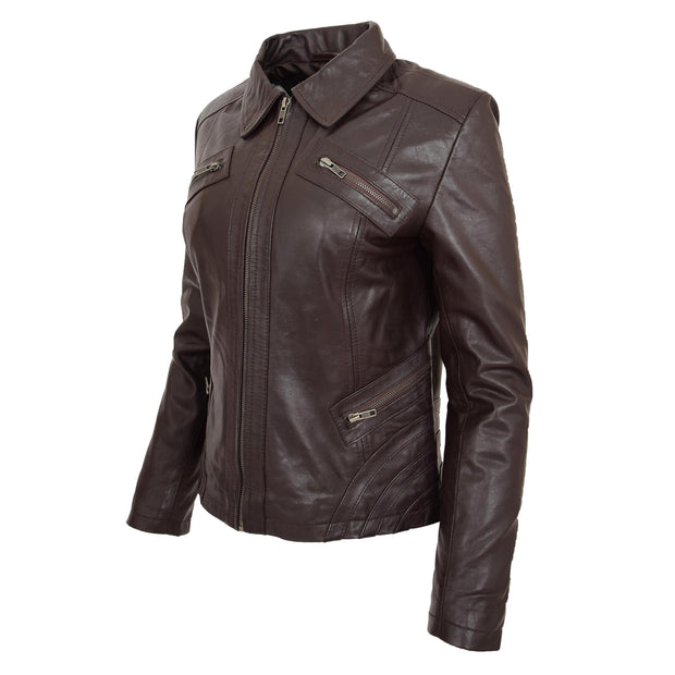 Ladies Soft Leather Jacket Fitted Collared Zip Fasten Biker Style Leah Brown Front Angle 1