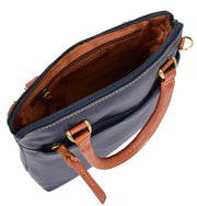Womens Leather Tote Handbag Navy Tan Trim Small Grab Handles Zip Top Bag Dixie