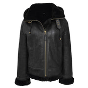 Womens Real Black Sheepskin Jacket Hooded Shearling B3 Pilot Coat Maria Front With Hood