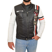 Mens Biker Leather Jacket Black White Sleeves Badges Stripes Sports Style Gears Front
