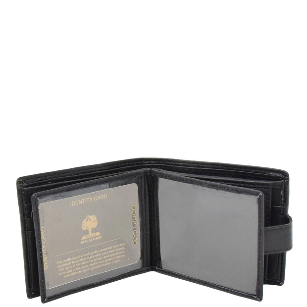 Mens Leather Bifold Wallet Cards Banknote Coins Case Snap Closure AV67 Black Open 2