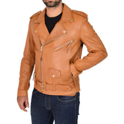 Mens Brando Biker Leather Jacket Elvis Tan pockets