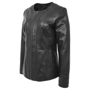 Womens Collarless Black Leather Jacket Round Neck Semi Fit Chelo Front Angle