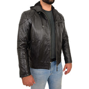 Mens Real Black Leather Hooded Jacket Sports Fitted Biker Style Coat Barry Open Side 2