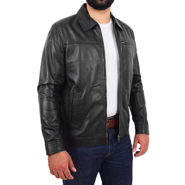 Mens Leather Jacket Genuine Soft Black Zip Fasten Box Style Sean Open 2