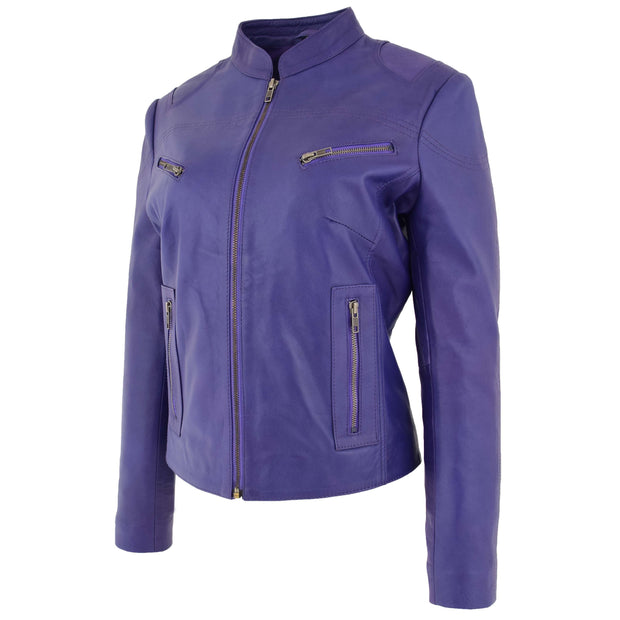 Womens Fitted Leather Biker Jacket Casual Zip Up Coat Jenny Purple 1