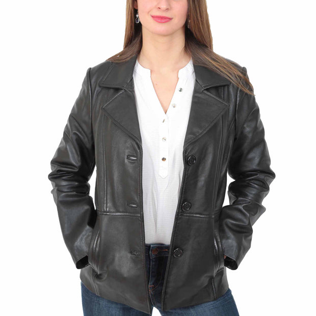 Ladies Leather Blazer Coat Fitted Classic Hip Length Jacket Judy Black Open 1
