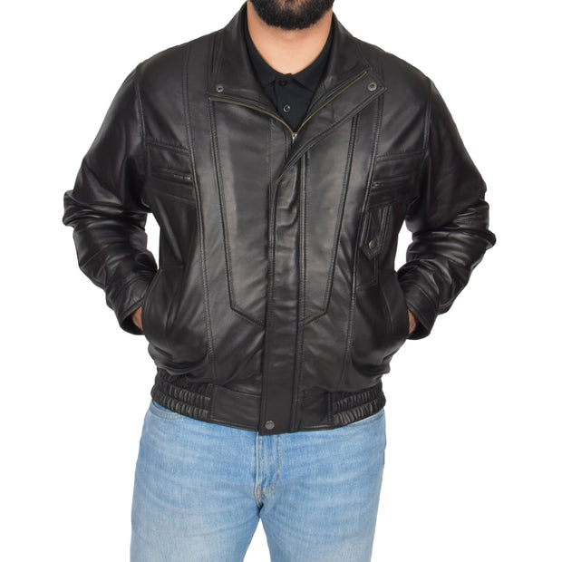 Mens Classic Bomber Soft Leather Jacket Alan Black zip up view