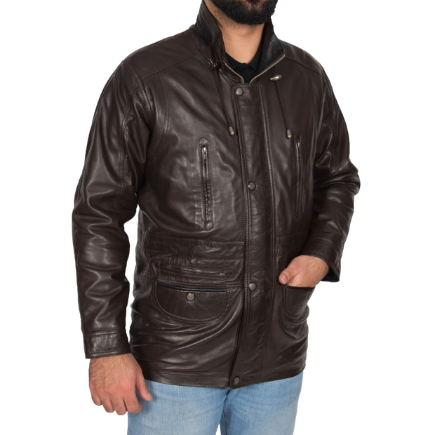 Gents Classic Soft Leather Parka Car Coat Parker Brown Front Angle