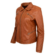 Ladies Soft Leather Jacket Fitted Collared Zip Fasten Biker Style Leah Tan Front Angle 1