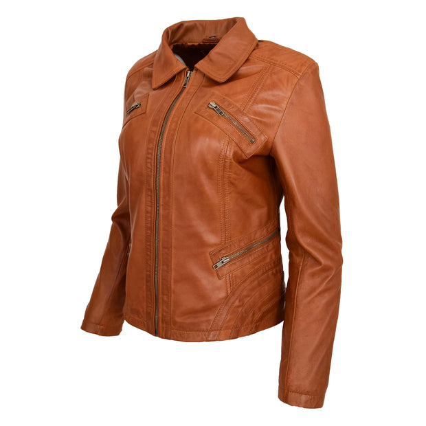 Ladies Soft Leather Jacket Fitted Collared Zip Fasten Biker Style Leah Tan Front Angle 1