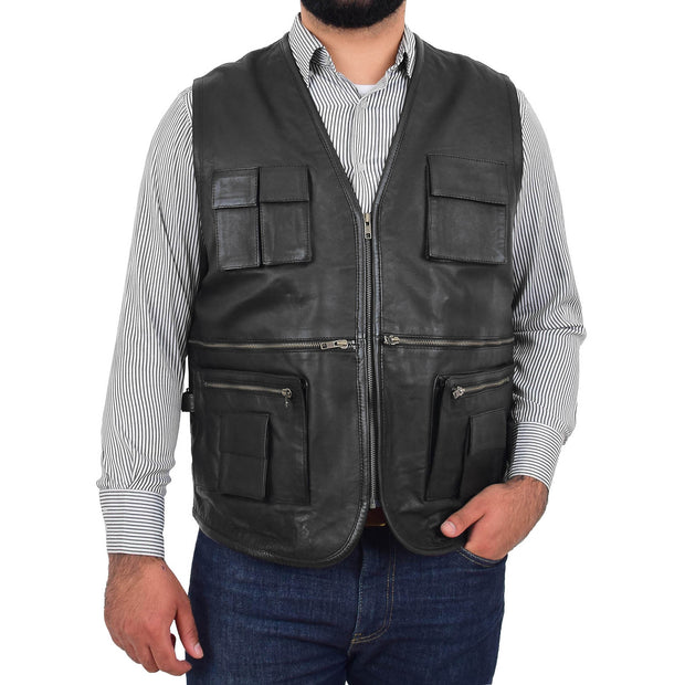 Mens Real Black Soft Leather Fisherman Waistcoat Multi Pockets Gilet Curt Front