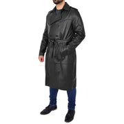 Mens Trench Leather Coat 3/4 Long Black Reefer Overcoat Sherlock Front Side 2