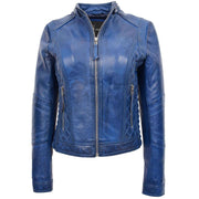 Womens Real Leather Biker Style Jacket Removable Hood Fitted Quilted Ally Blue