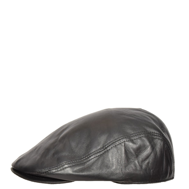Genuine Black Leather Flat Cap English Granddad Baker-boy Hat Arthur