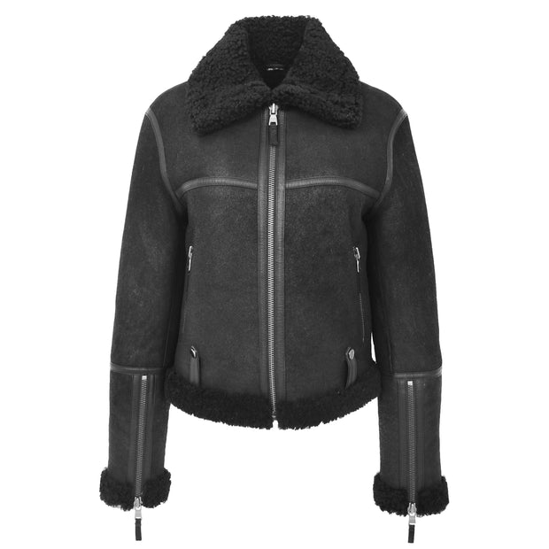 Womens Luxurious Genuine Sheepskin Flying Jacket Real Black Shearling Harriet Without Belt