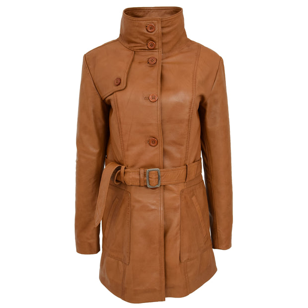 Womens Real Leather Mid Length Trench Parka Coat Alba Tan Collar Up