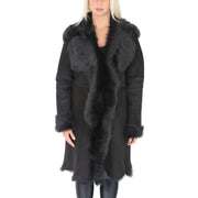 Womens Luxurious Toscana Long Coat Real Sheepskin Pamela Black Front 2