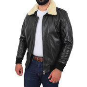 Mens Genuine Cowhide Pilot Leather Jacket Sheepskin Collar Bomber Dylan Black Open 2