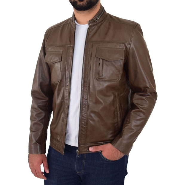 Mens Biker Leather Jacket Timber Brown Soft Nappa Fitted Standing Collar Tats Open 2